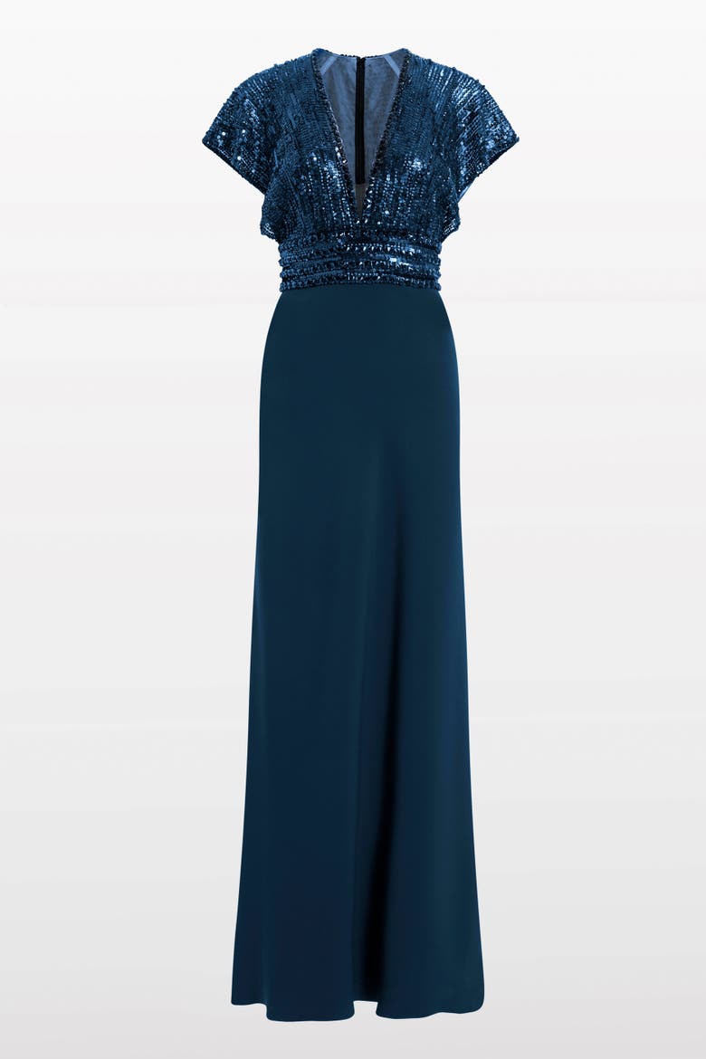 Cary Sequin V-Neck Maxi Dress, Alternate, color, Hawks Eye Blue