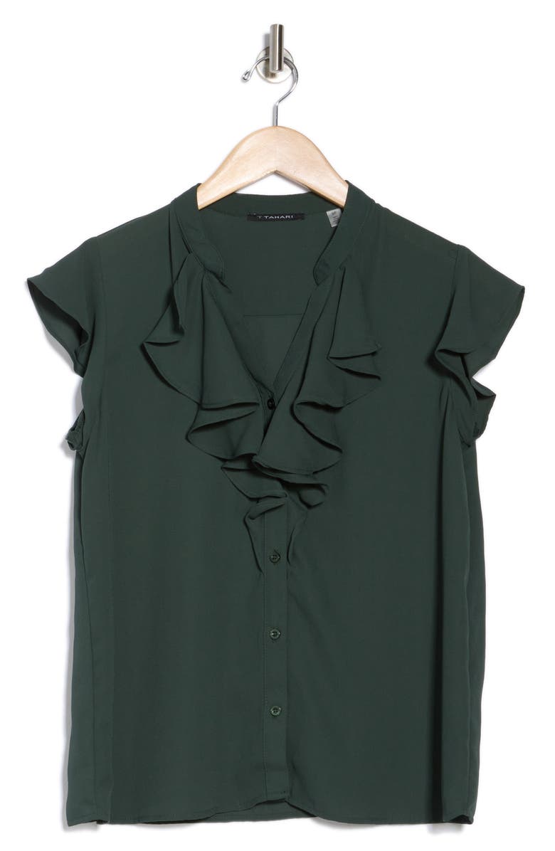 T Tahari Ruffle Short Sleeve Button-Up Top, Alternate, color, Jungle Green