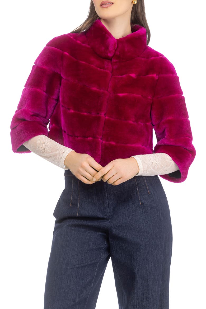 Genuine Shearling Cropped Bolero with Cropped Sleeves, Main, color, MAGENTA