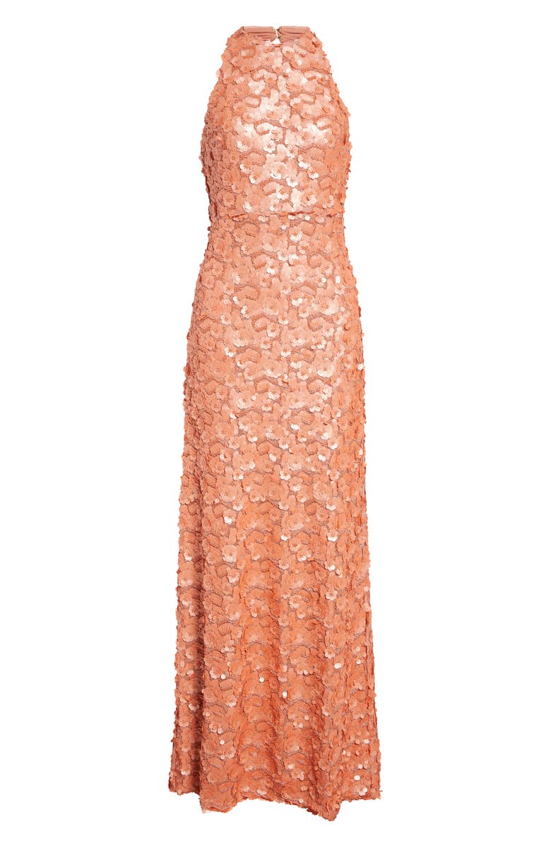 Ramy Brook Giada Sequin Halter Gown, Alternate, color, Coral Paillette