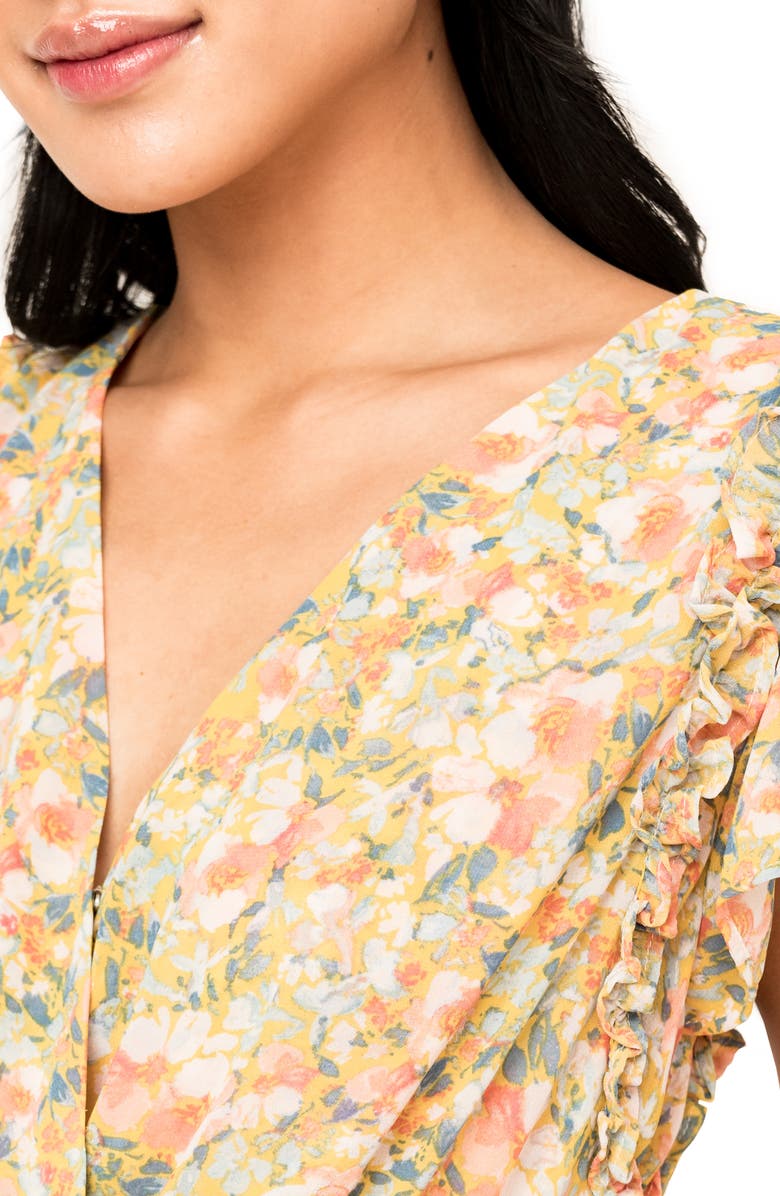 GIBSONLOOK Floral Flutter Sleeve Midi Dress, Alternate, color, Yellow Multi Floral