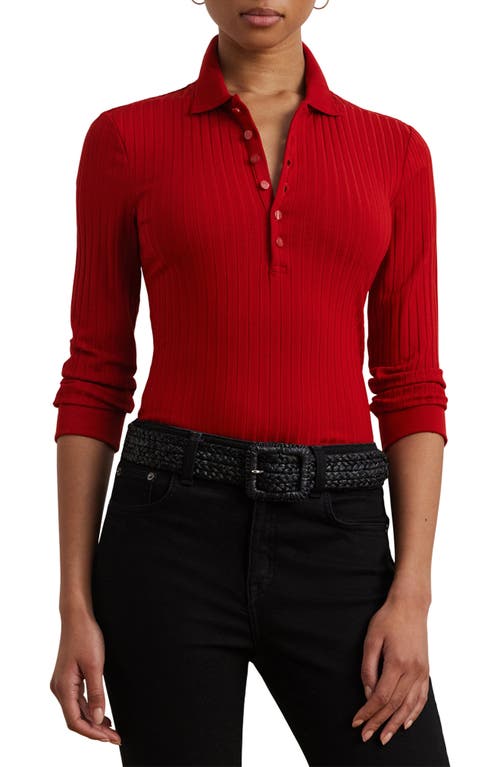 Ralph Lauren Lauren  Three Quarter Sleeve Rib Polo In Red