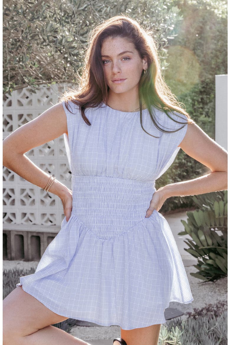 Ayla Gingham Smocked Minidress, Alternate, color, BLUE GINGHAM