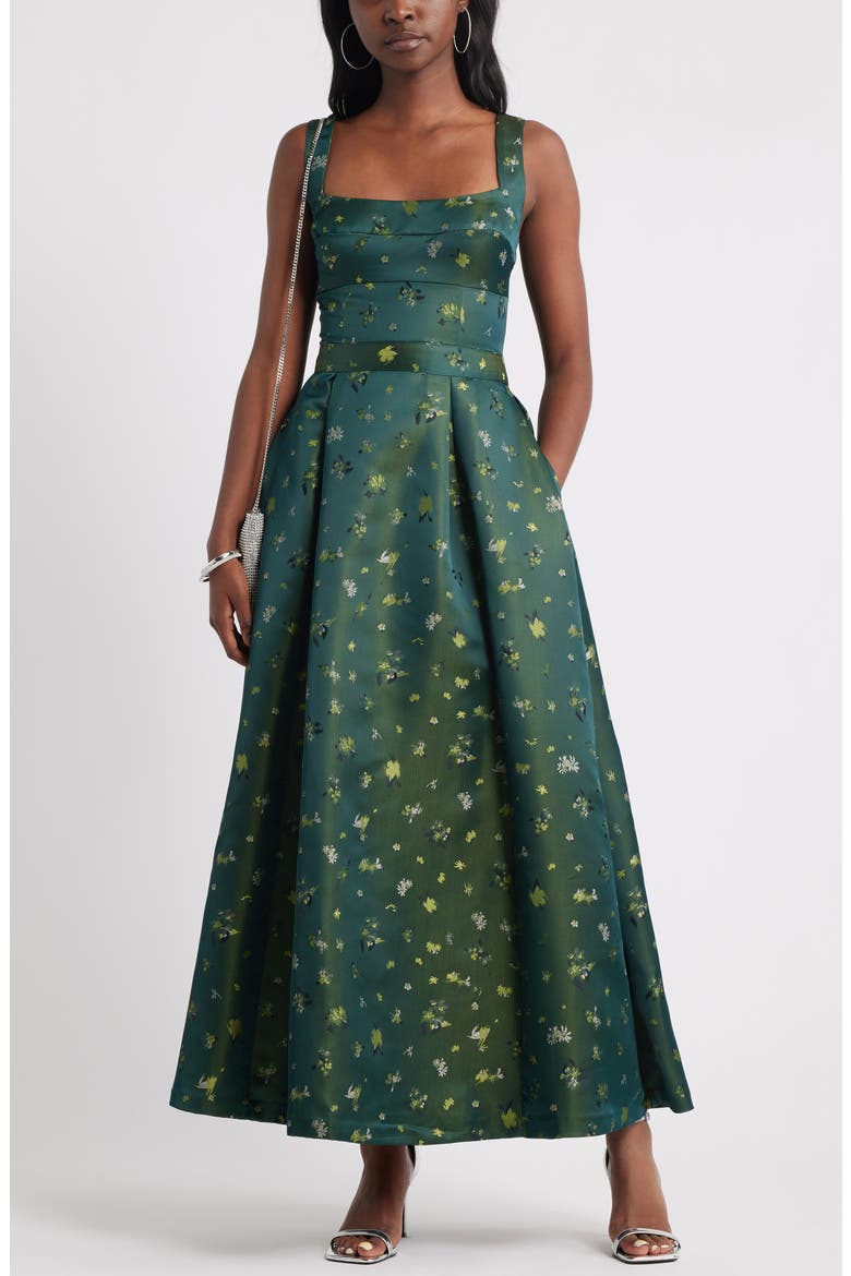 Pleated Seamed Bodice Jacquard Maxi Cocktail Dress, Main, color, GREEN PONDEROSA