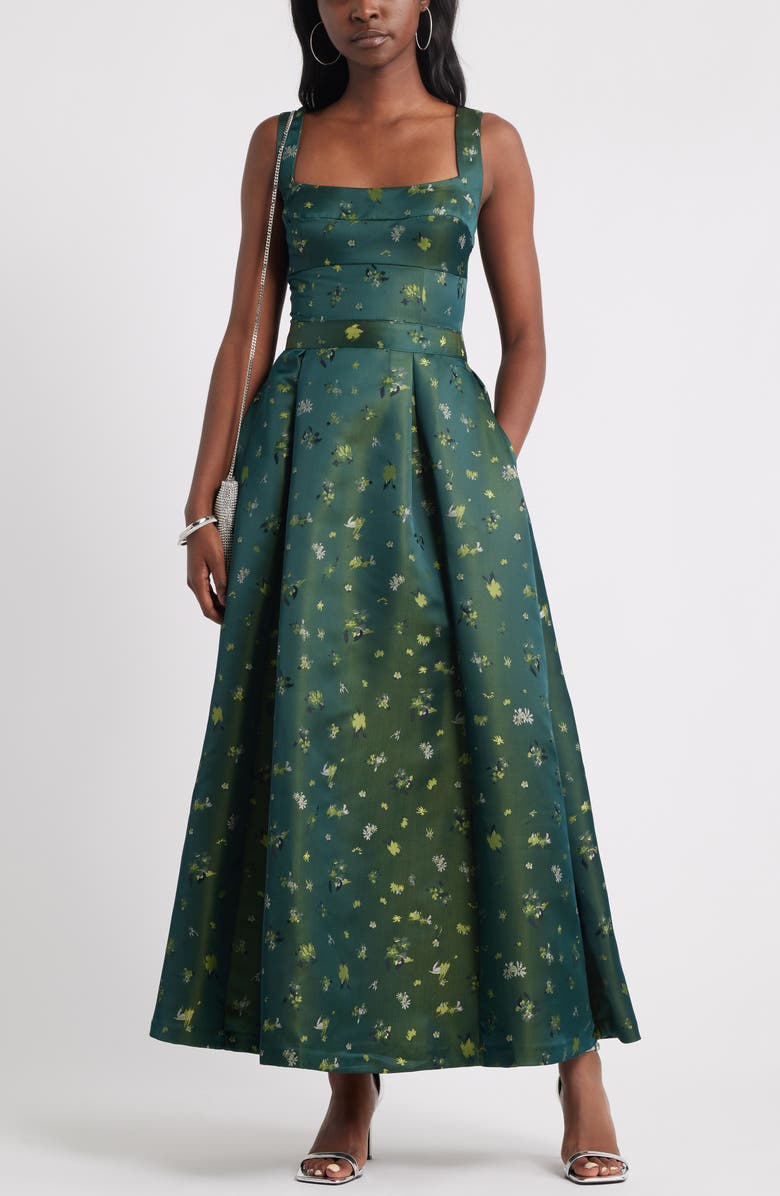 Chelsea28 Pleated Seamed Bodice Jacquard Maxi Cocktail Dress, Main, color, Green Ponderosa