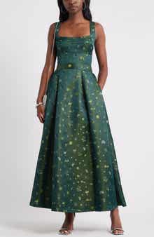 Chelsea28 Pleated Seamed Bodice Jacquard Maxi Cocktail Dress