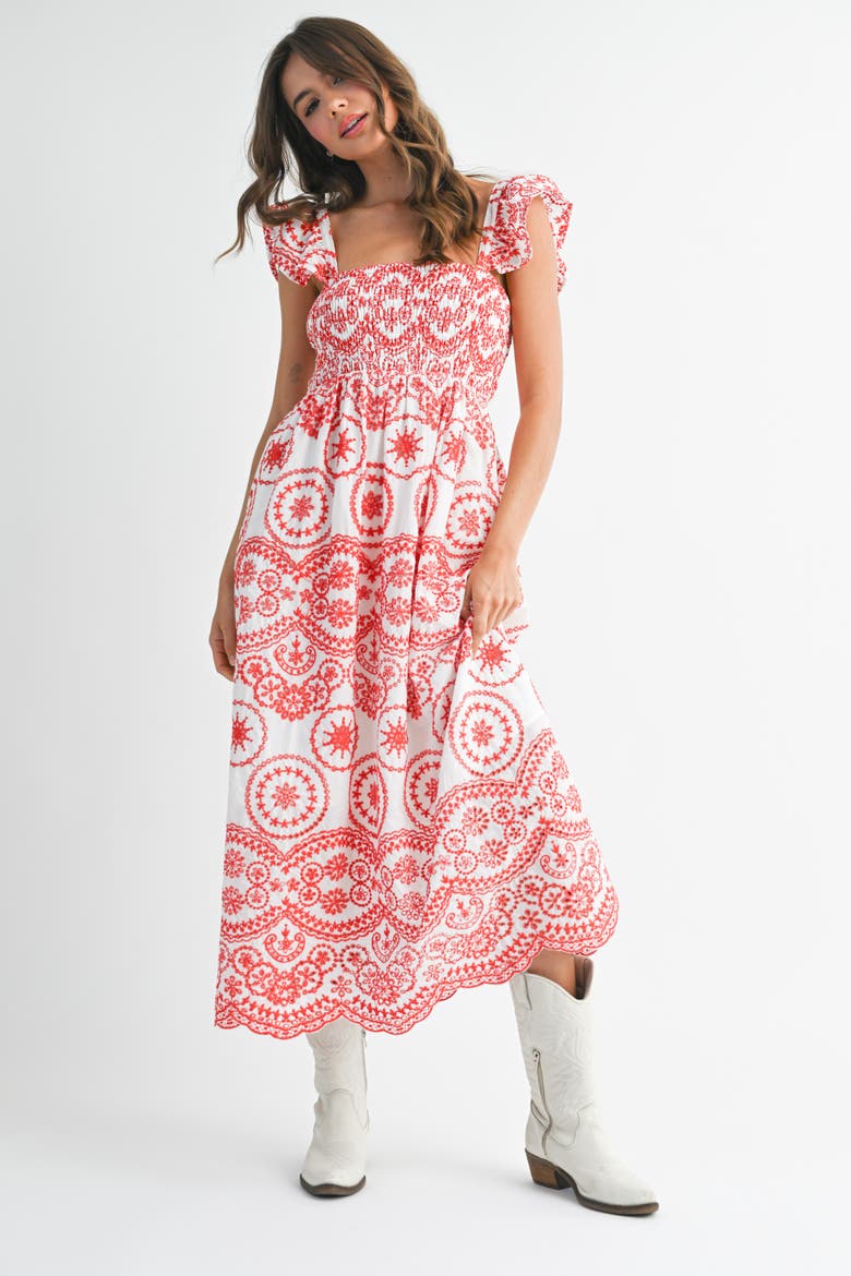 Embroidered Smocked Cutout Midi Dress, Alternate, color, Red