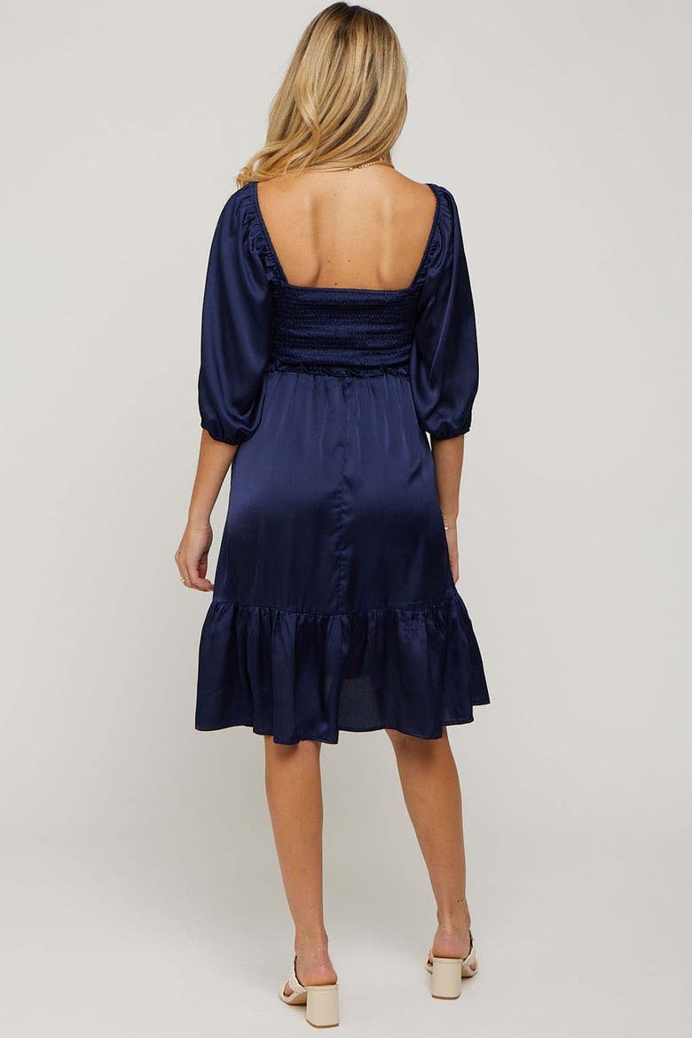 Satin Smocked Ruffle Hem Dress, Alternate, color, Navy Blue