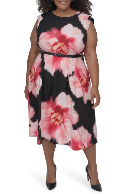 Floral Cap Sleeve Belted Midi Dress (Plus)