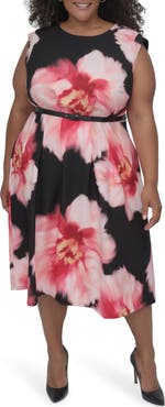DKNY Floral Cap Sleeve Belted Midi Dress