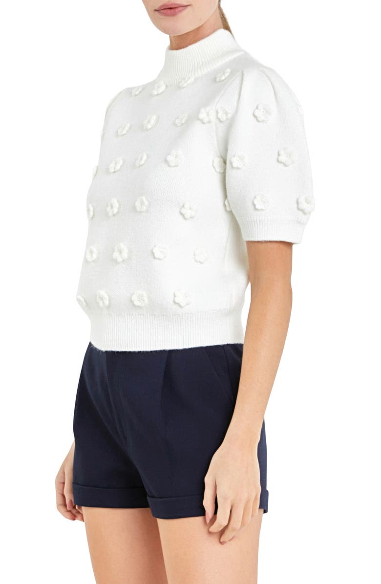 English Factory Flower Pompom Short Sleeve Sweater, Alternate, color, White