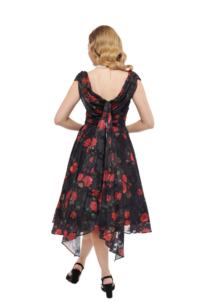 Unique Vintage Off The Shoulder Ruffle Cocktail Dress, Alternate, color, Black Floral