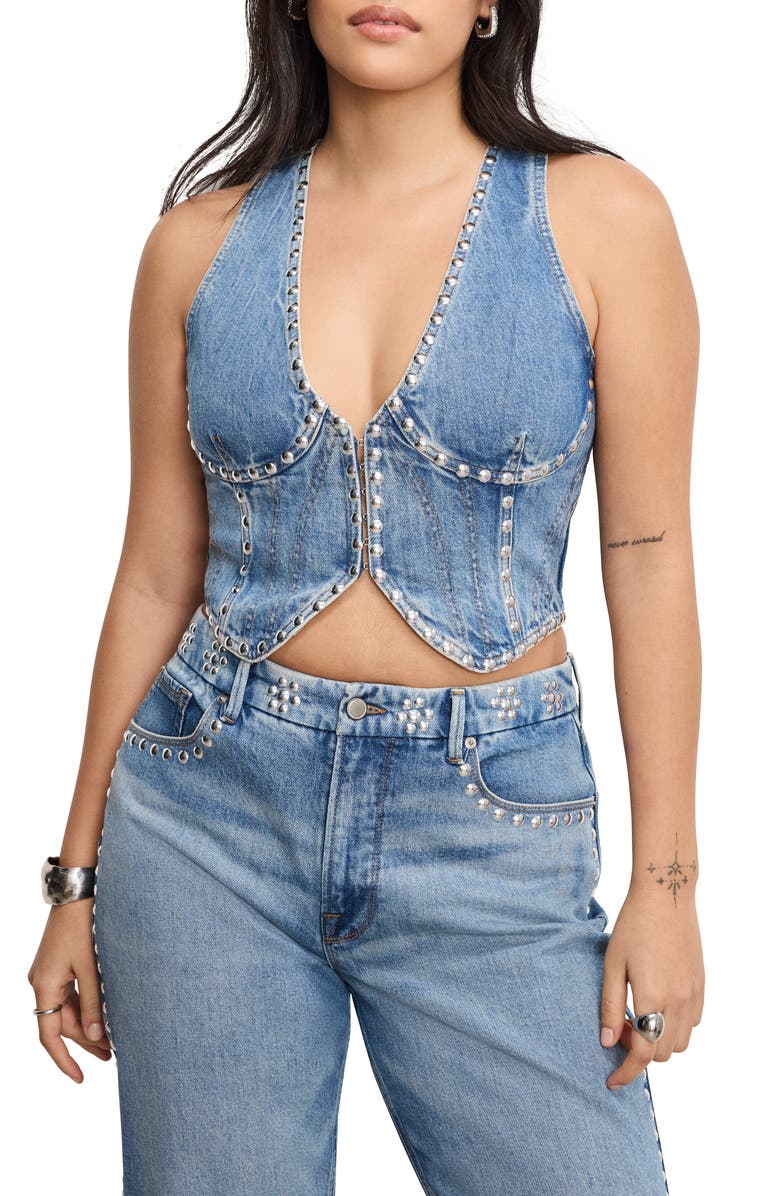 Good American Studded Underwire Denim Vest, Alternate, color, Indigo895