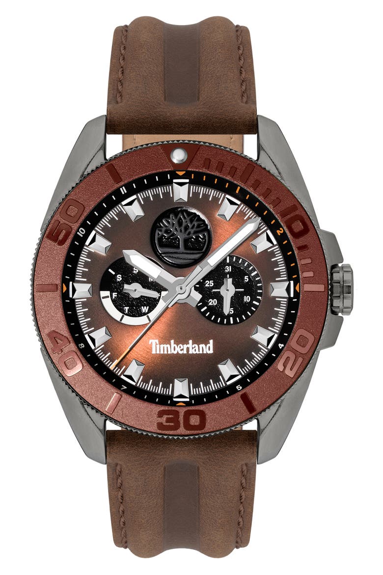 Fairhill Multifunction Leather Strap Watch, 44mm, Main, color, DARK BROWN