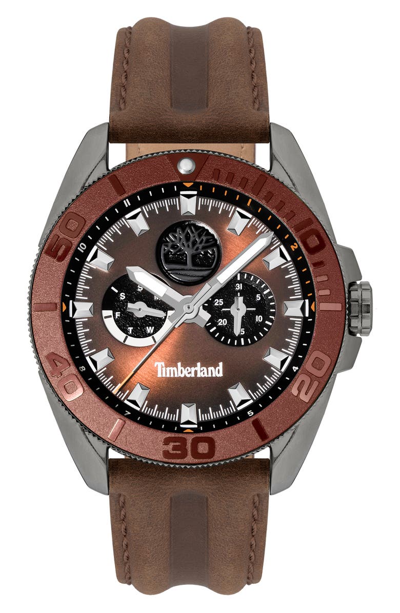 Timberland Fairhill Multifunction Leather Strap Watch, 44mm, Main, color, Dark Brown