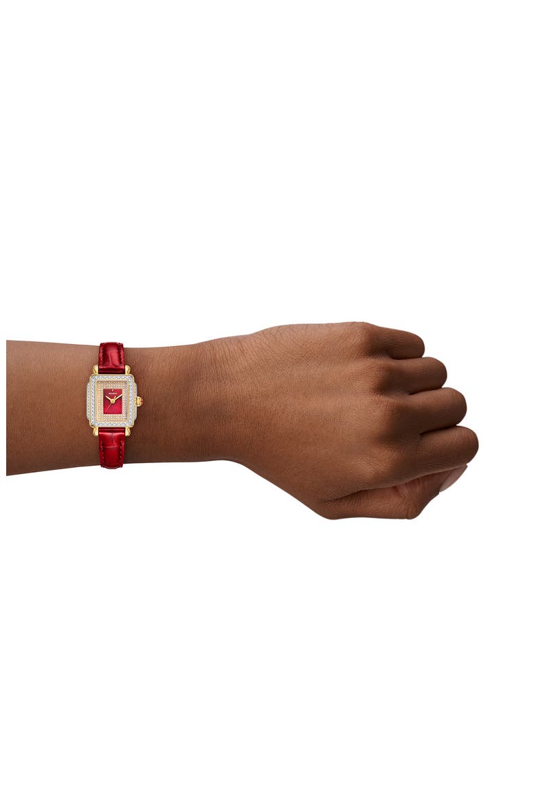Mini Deco Madison Special Edition Two-Tone 18K Gold Plate Diamond Pavé Leather Strap Watch, 23mm x 24mm, Alternate, color, TWO TONE / RED