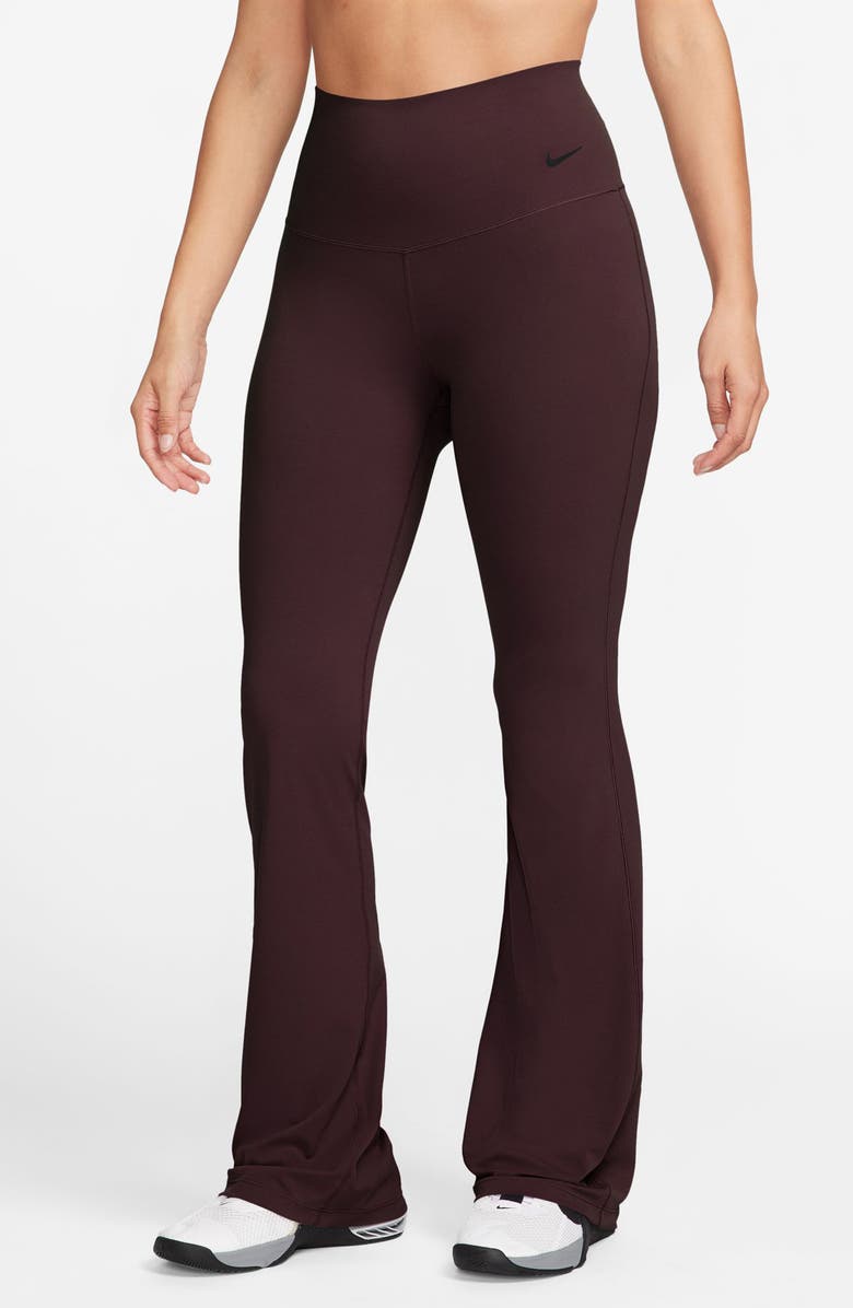 Nike Zenvy High-Waisted Flared Leggings, Main, color, Burgundy Crush/ Black