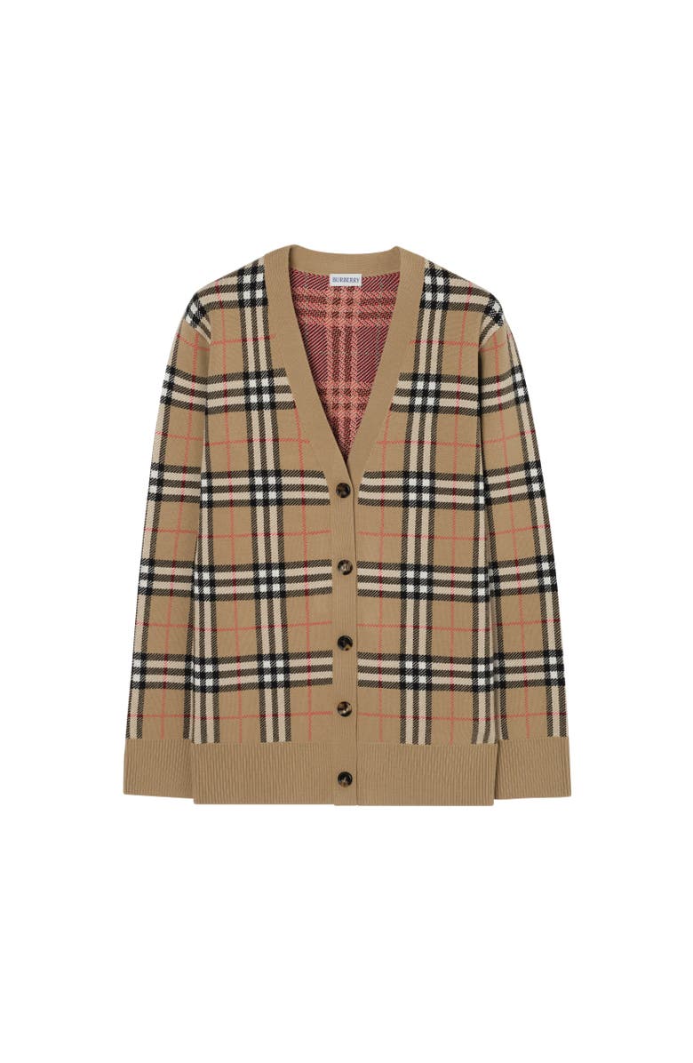 Burberry Check Cotton Wool Cardigan, Alternate, color, Sand Beige