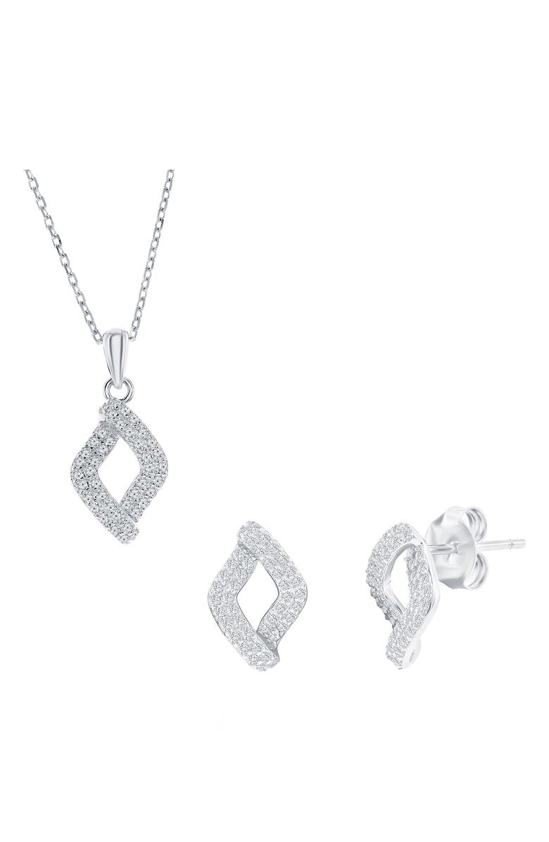 SIMONA Pavé Cubic Zirconia Marquise Stud Earrings & Pendant Necklace Set, Main, color, Silver