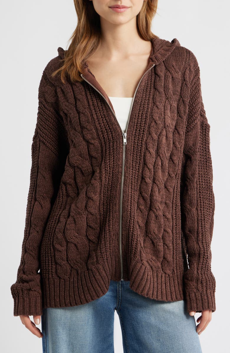 PacSun Dylan Cable Knit Zip-Up Hooded Sweater, Alternate, color, Brown
