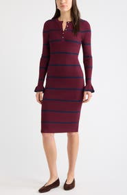 Caslon® Striped Henley Sweater Dress