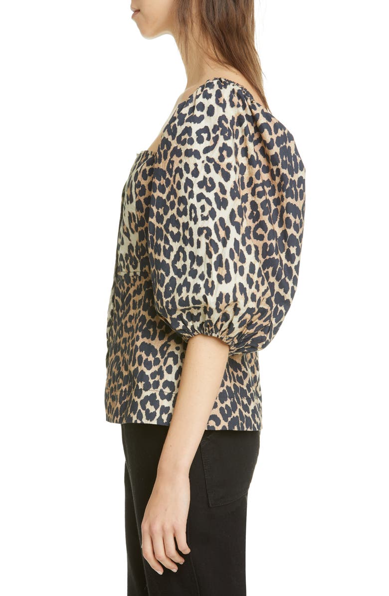 Ganni Leopard Print Puff Sleeve Blouse, Alternate, color, 