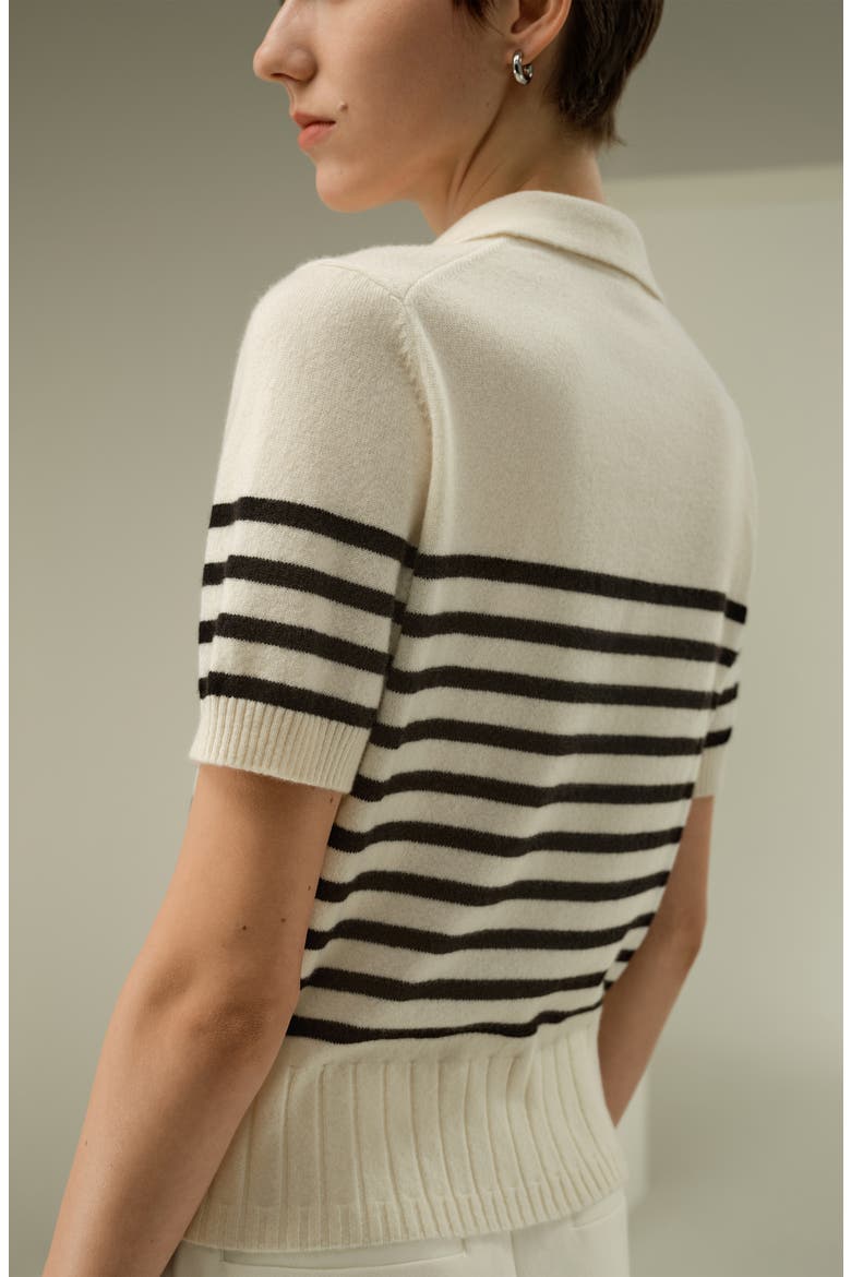 Women's Striped Cashmere Polo Sweater, Alternate, color, Black&White Stripes