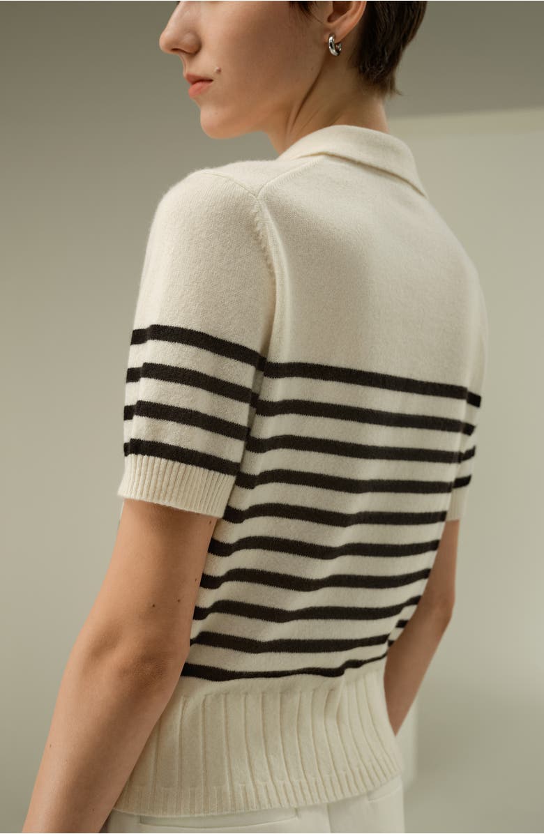 Lilysilk Women's Striped Cashmere Polo Sweater, Alternate, color, Black&White Stripes