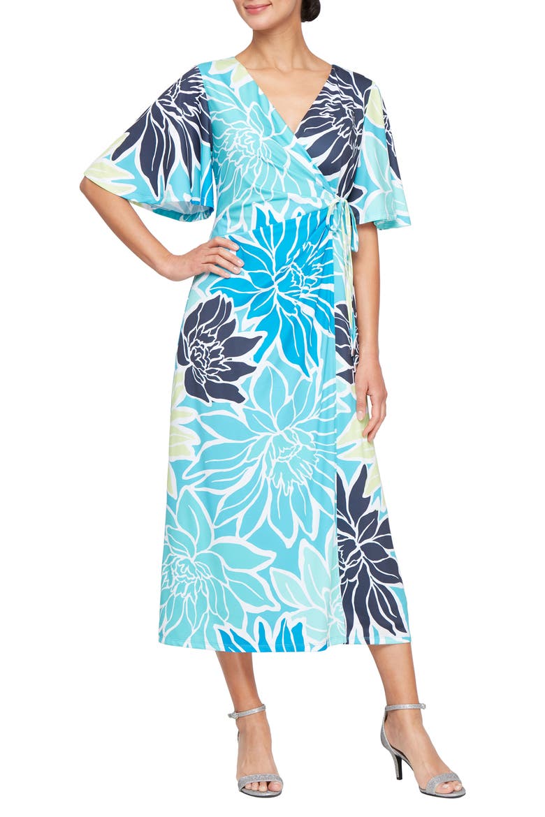 Floral Wrap Dress, Main, color, AQUA