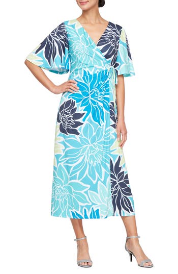 Shop Sl Fashions Floral Wrap Dress In Aqua