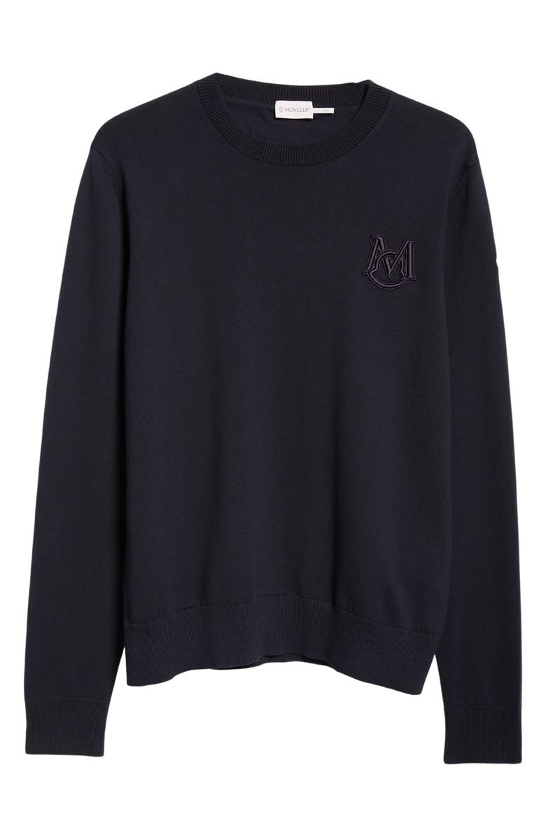 Moncler Monogram Cotton Crewneck Sweater, Alternate, color, Navy