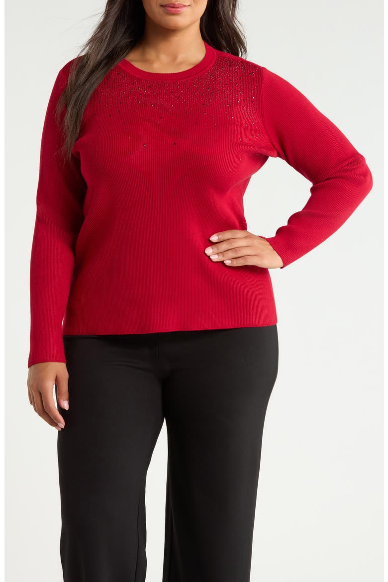 Waterfall Crystal Ribbed Crewneck Sweater, Main, color, VERMILLION