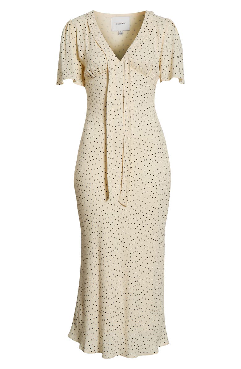 Reformation Tyra Polka Dot Short Sleeve Midi Dress, Alternate, color, Salt And Pepper