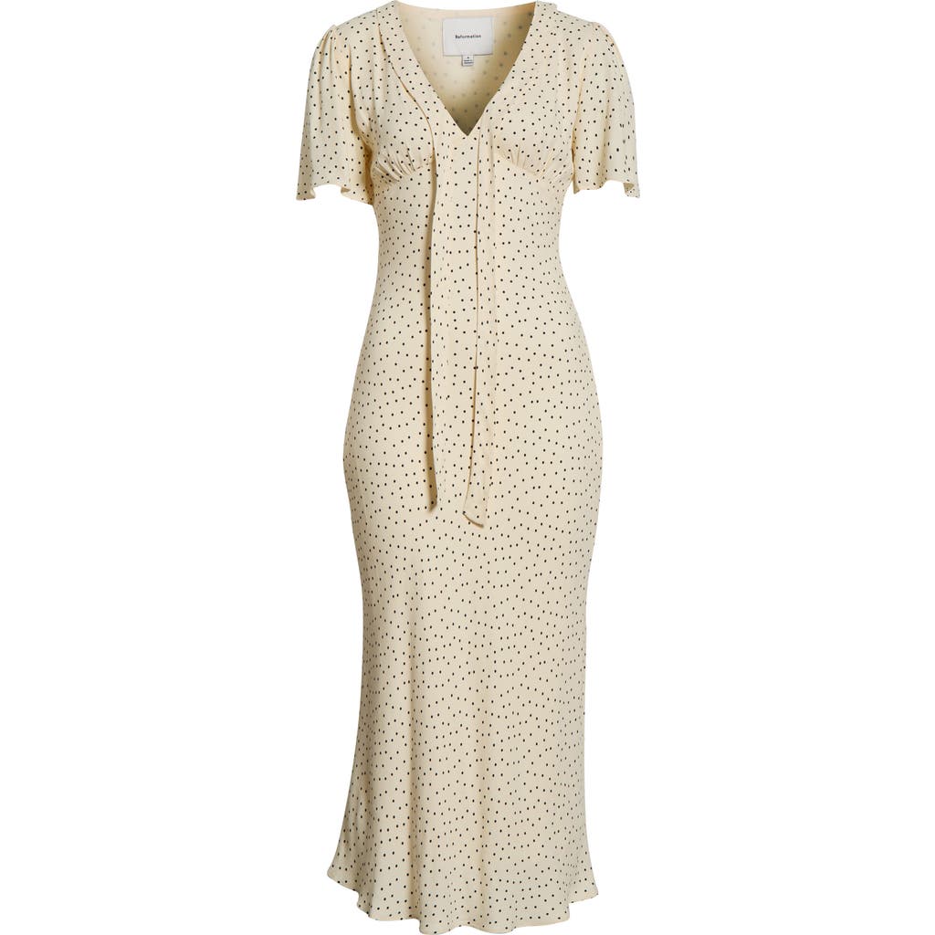 Reformation Tyra Polka Dot Short Sleeve Midi Dress In Gray