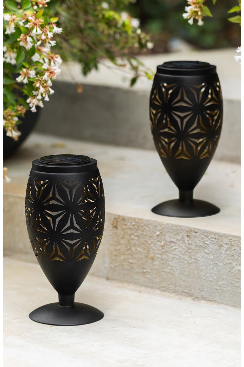 Set of 2 Metal Cutout Geometric Pattern Solar Powered Outdoor Lantern with LED Light, Alternate, color, Black