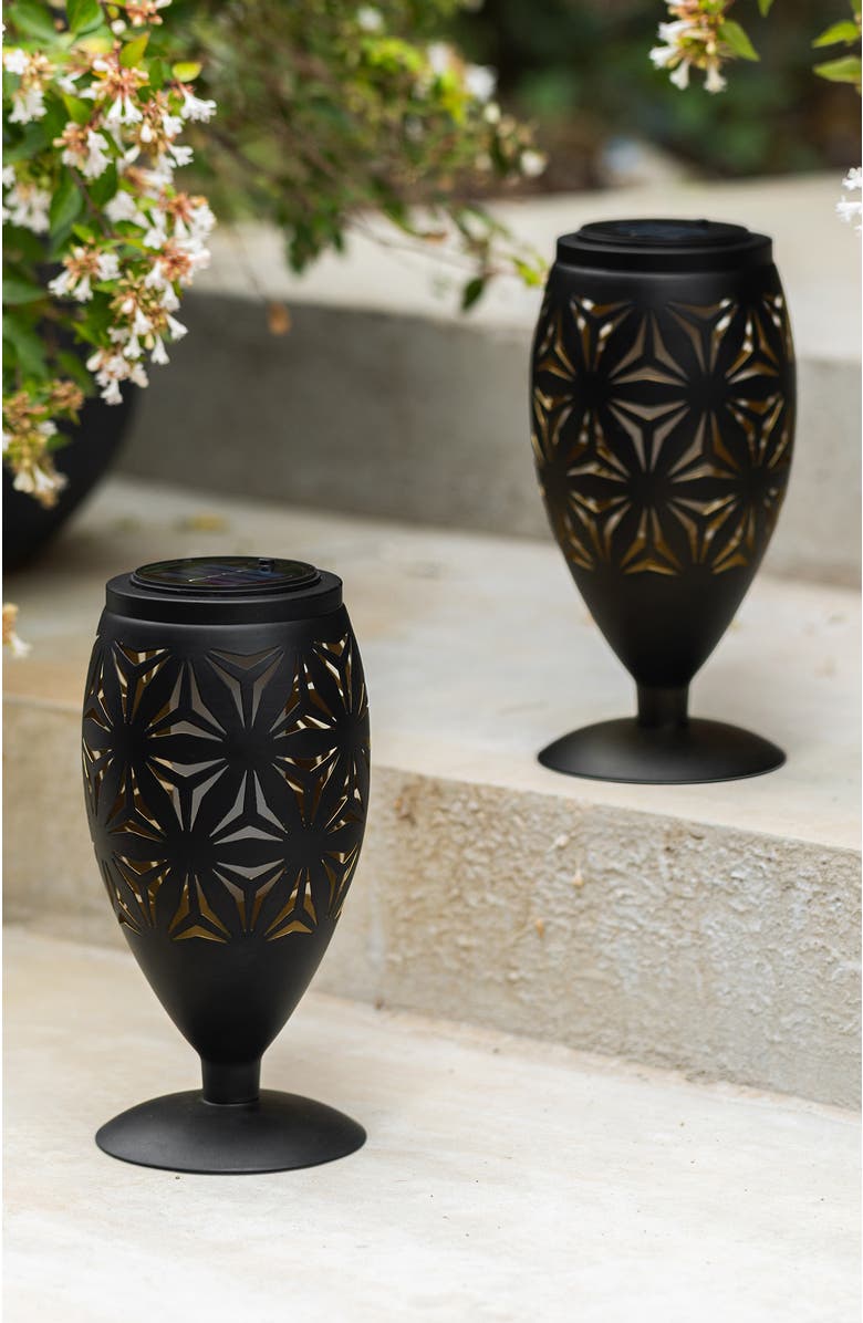 Glitzhome Set of 2 Metal Cutout Geometric Pattern Solar Powered Outdoor Lantern with LED Light, Alternate, color, Black