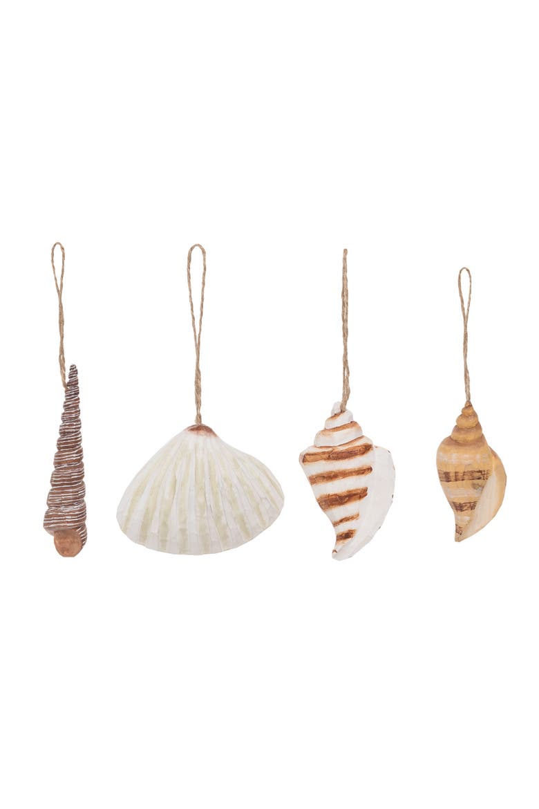 Carved Wood Shell Christmas Tree Ornament Set of 4, Main, color, Beige