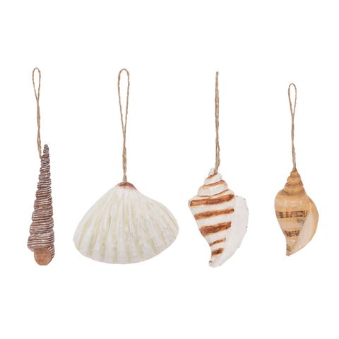 Carved Wood Shell Christmas Tree Ornament Set of 4