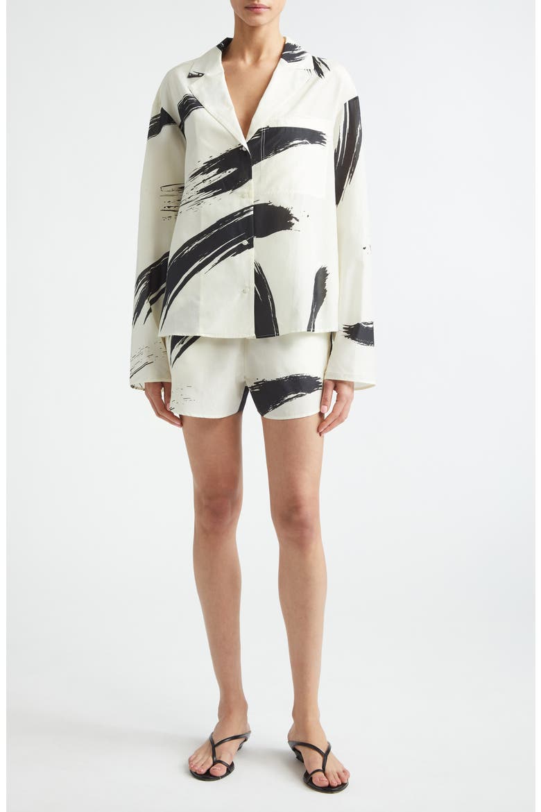 Sana Loose Fit Cotton & Silk Voile Button-Up Shirt, Alternate, color, IVORY/ BLACK