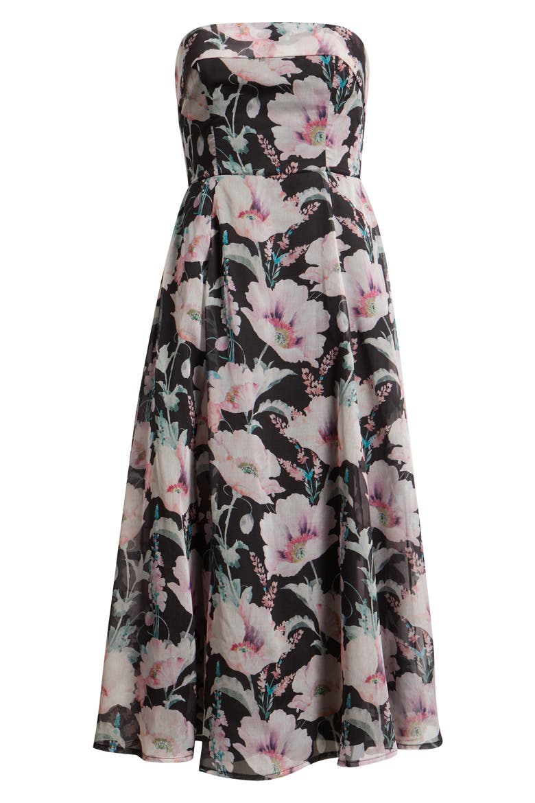 Elena Floral Strapless Cocktail Midi Dress, Alternate, color, BLACK FLORAL