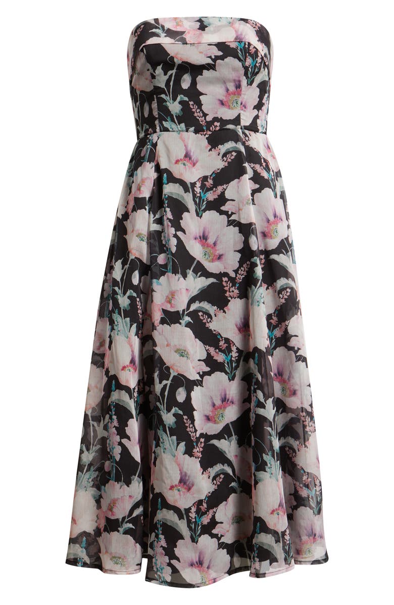 Lulus Elena Floral Strapless Cocktail Midi Dress, Alternate, color, Black Floral