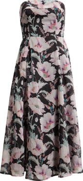 Lulus Elena Floral Strapless Cocktail Midi Dress