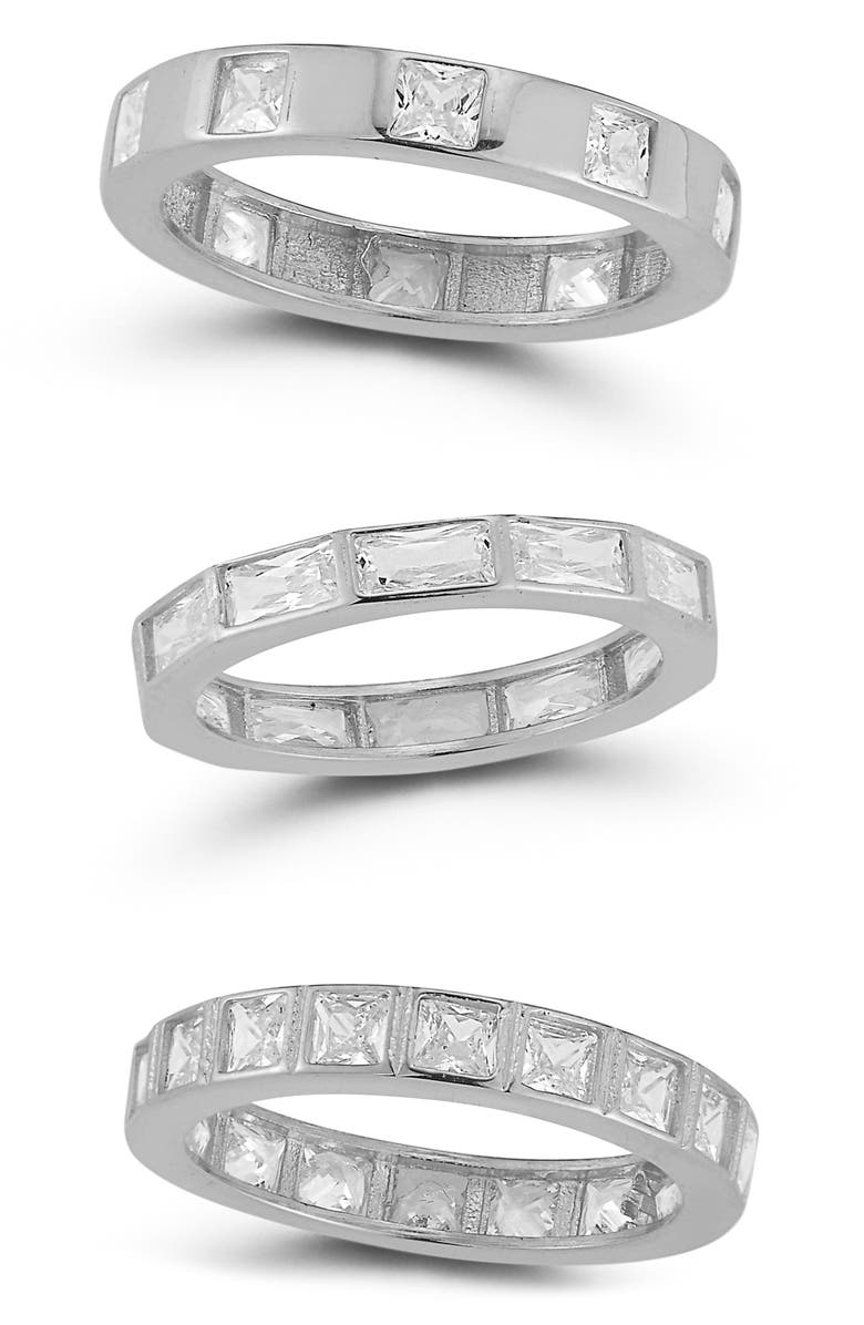 CHLOE AND MADISON Set of 3 Rhodium Plated Sterling Silver Cubic Zirconia Rings, Main, color, Silver