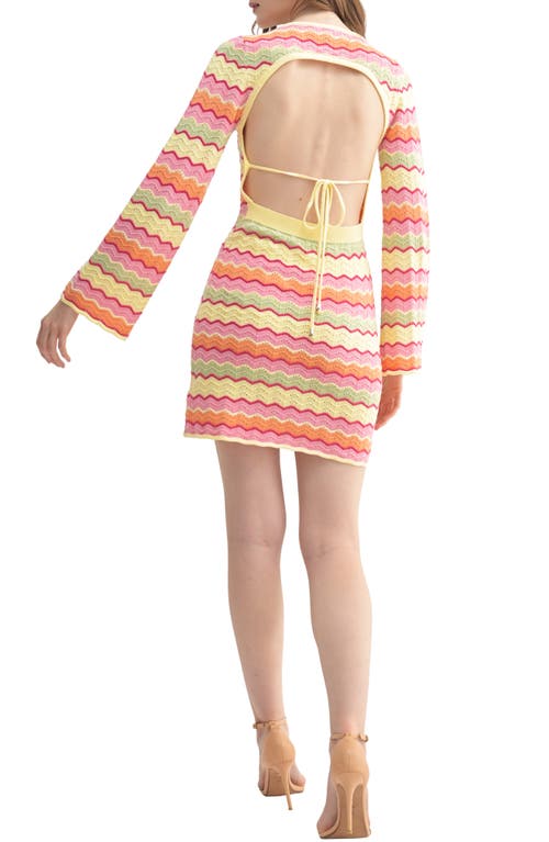 Lush Bell Sleeve Wavy Knit Minidress In Pink Yellow Multi
