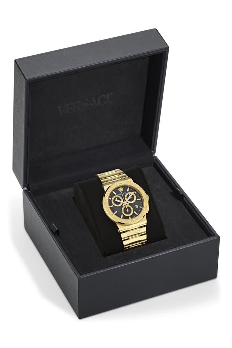 Greca Logo Chronograph Bracelet Watch, 40mm, Alternate, color, IP YELLOW GOLD/ BLACK