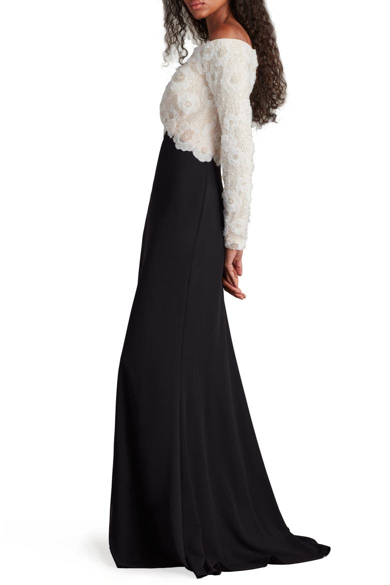 Rhinestone Floral Off the Shoulder Mixed Media Gown, Alternate, color, IVORY/ BLACK