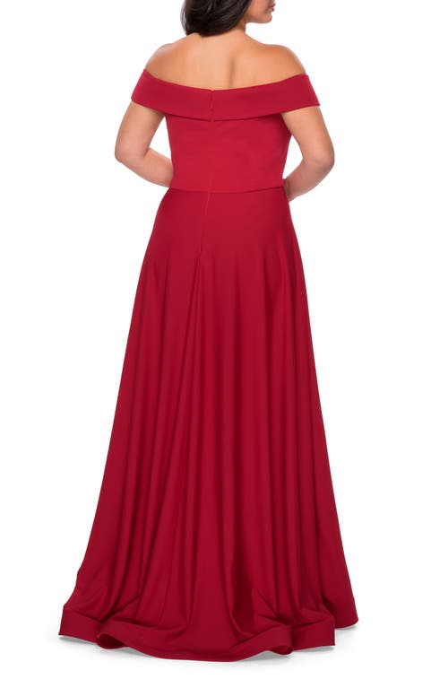 La Femme Off The Shoulder Plus Size Dress With Leg Slit In Red