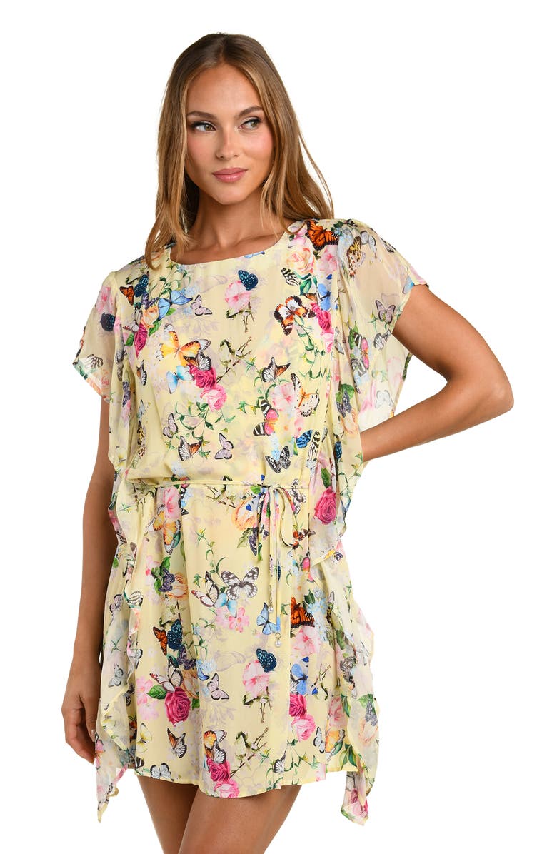 L'AGENCE Alia Garden Butterflies Chiffon Cover-Up Tunic, Alternate, color, Yellow Multi