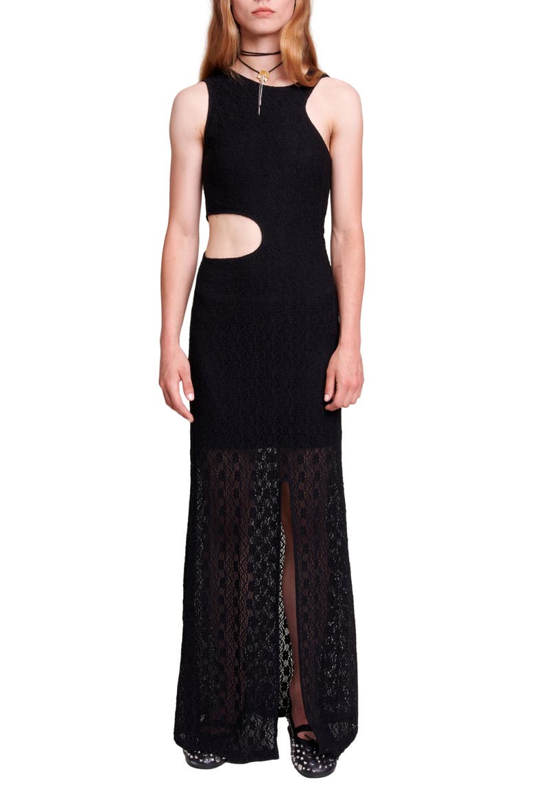 Raiserane Cutout Lace Overlay Maxi Dress, Main, color, BLACK