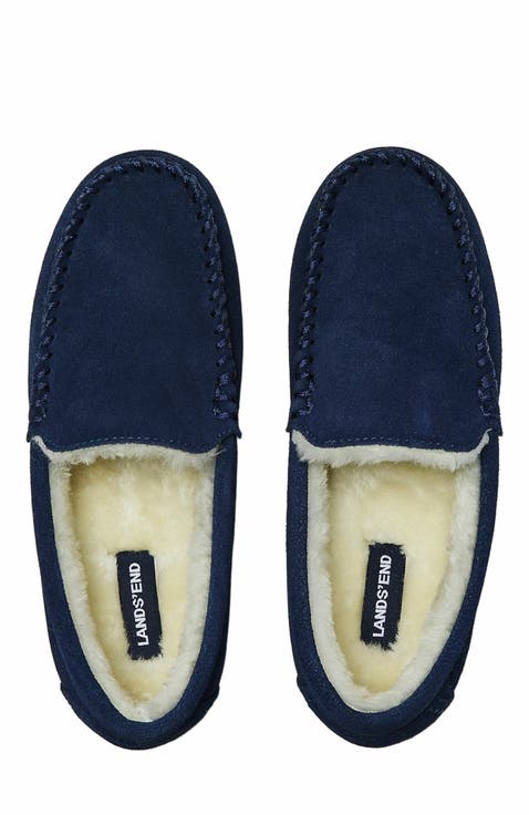 Fuzzy Lined Suede Moccasin Slippers